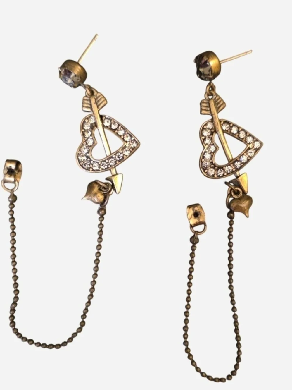 Vintage Betsey Johnson Antique Gold Heart Arrow Drop Earrings w/Rhinestones - Picture 4 of 6